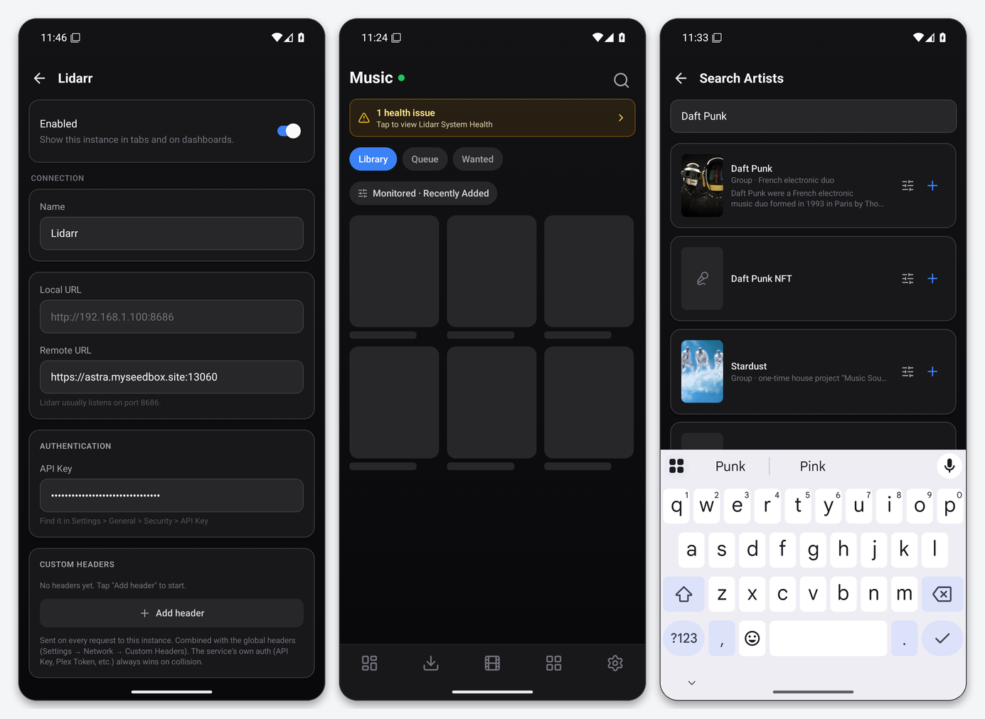 Connect Lidarr to Dashboarr 1 Dashboarr Lidarr editor, the Music tab with Library, Queue and Wanted, and the Add artist search for Daft Punk