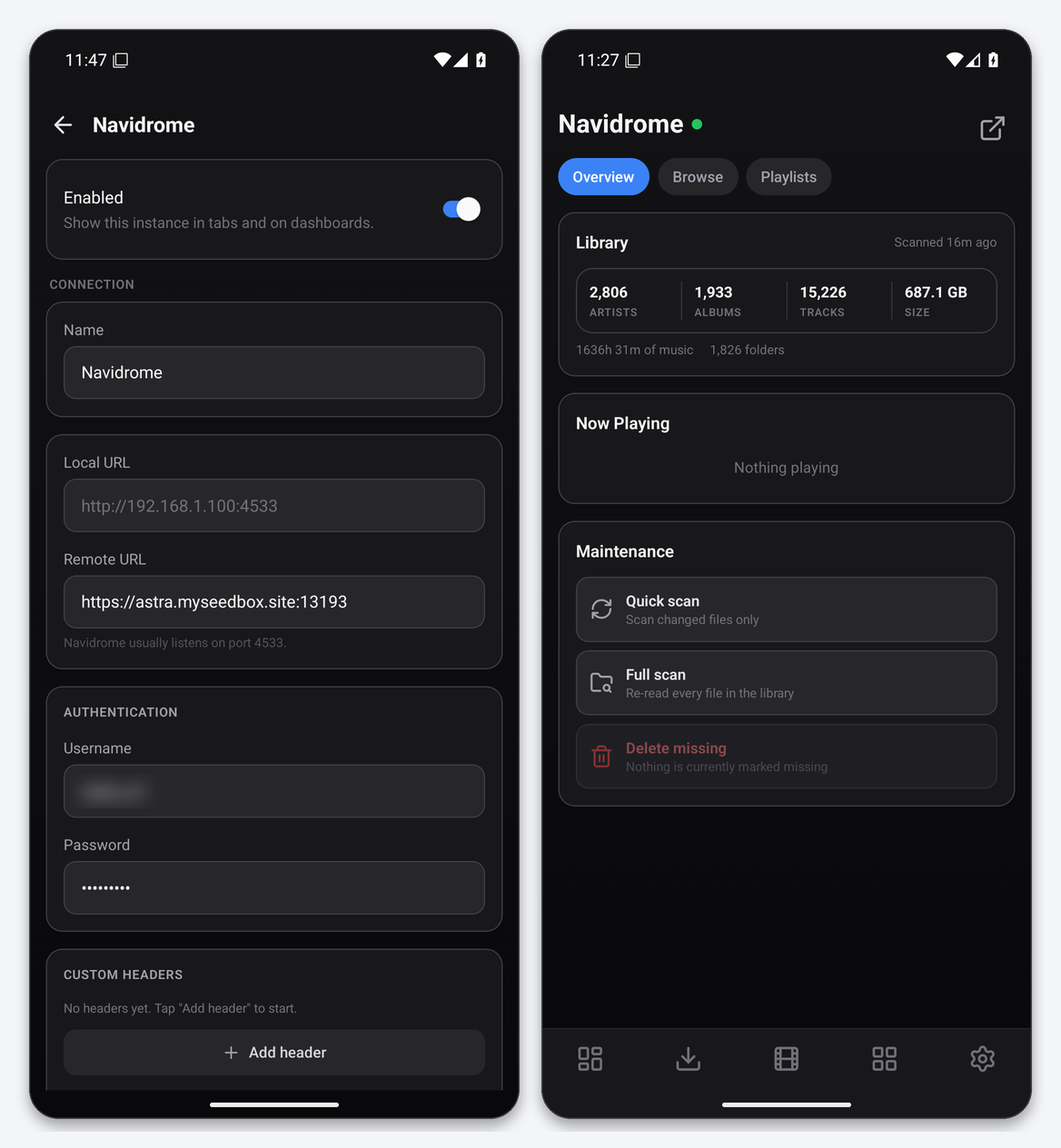 Connect Navidrome to Dashboarr 1 Dashboarr Navidrome editor with username and password fields, and the Overview tab with library counts, Now Playing and maintenance actions