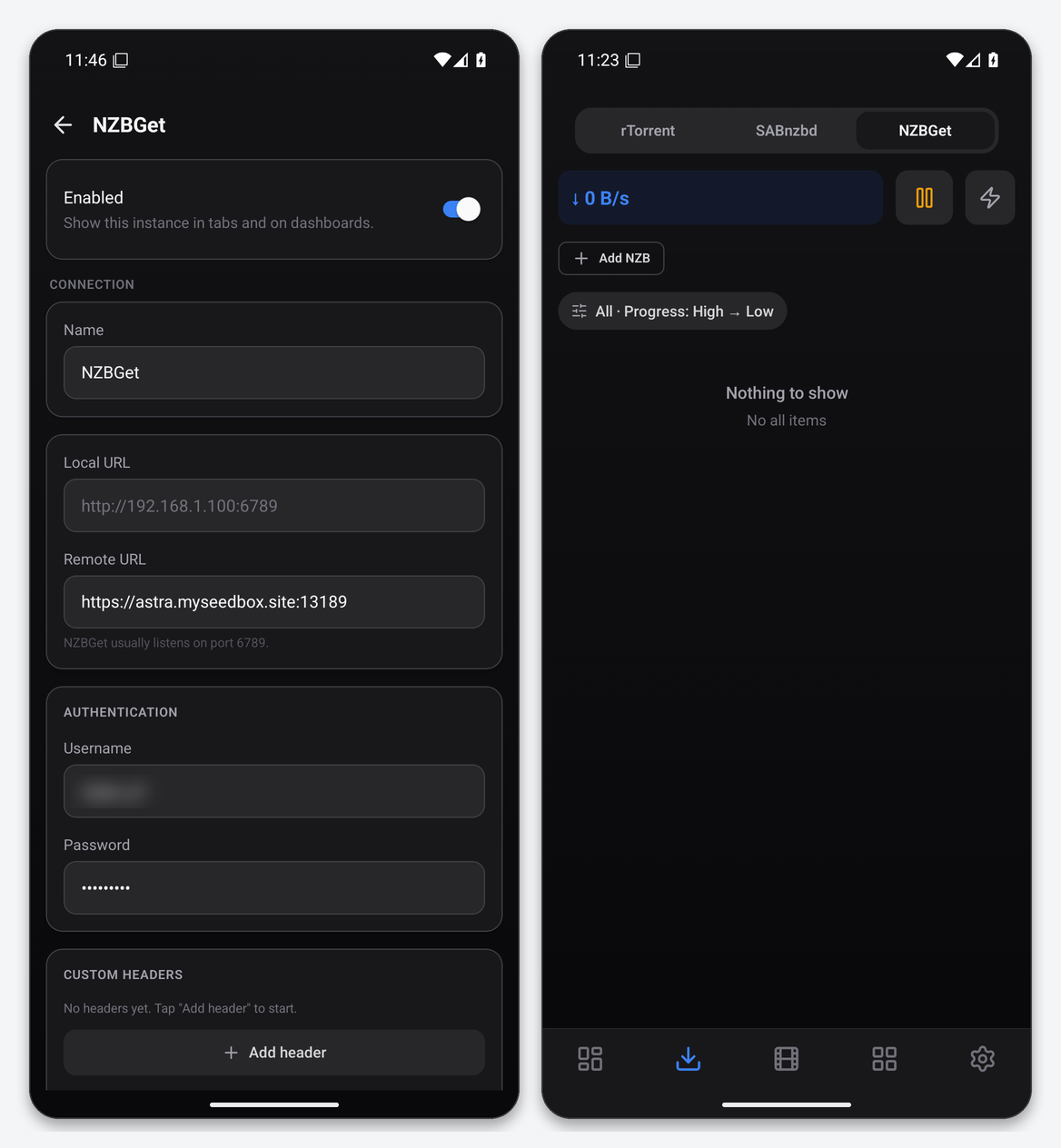 Connect NZBGet to Dashboarr 1 Dashboarr NZBGet editor with the seedbox URL, username and password, and the Downloads tab NZBGet segment