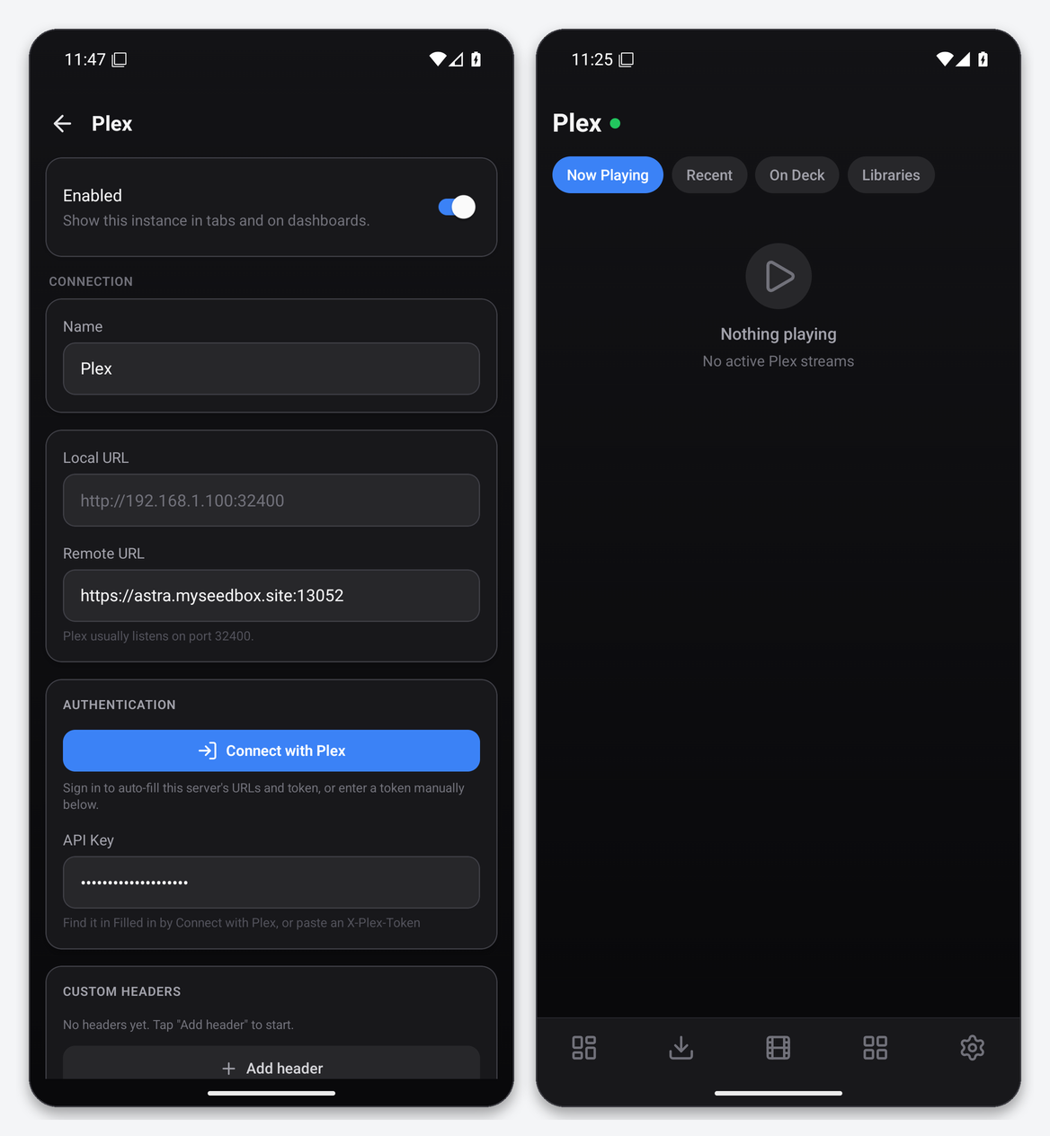 Connect Plex to Dashboarr 1 Dashboarr Plex editor with the Connect with Plex button and token field, and the Plex tab showing Now Playing