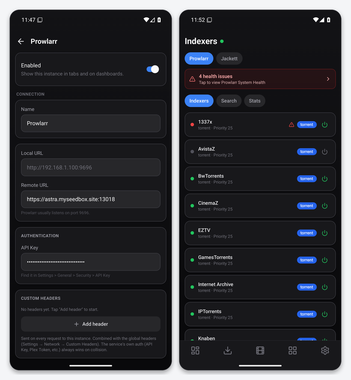 Connect Prowlarr to Dashboarr 1 Dashboarr Prowlarr editor with the seedbox URL and masked API key, and the Indexers tab listing Prowlarr indexers with priority and enable switches
