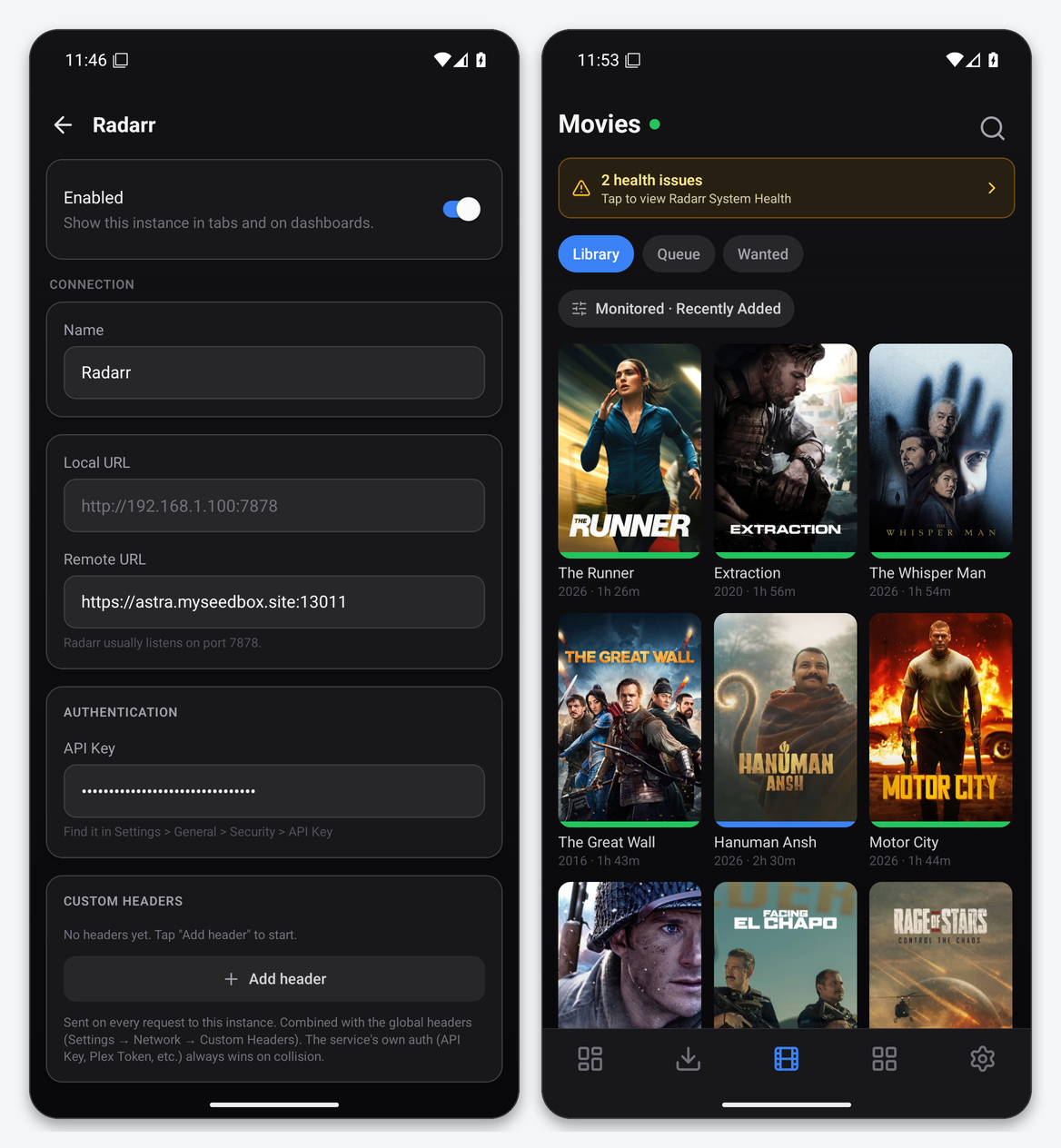 Connect Radarr to Dashboarr 1 Dashboarr Radarr editor with the seedbox HTTPS address and masked API key, and the Movies tab showing the Radarr library