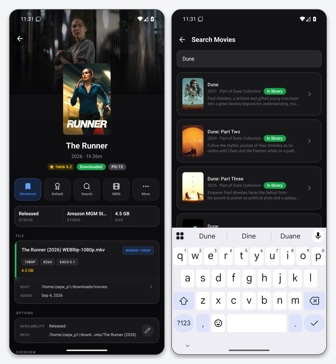 Connect Radarr to Dashboarr 3 Dashboarr Radarr movie detail screen with file information, and the Add movie search results