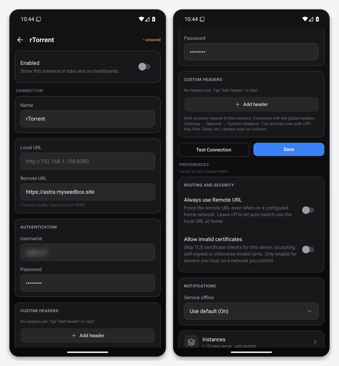 Dashboarr on a seedbox: the complete setup guide (Android & iOS) 3 Dashboarr instance editor filled in for a seedbox: remote URL, username and password, Test Connection and Save