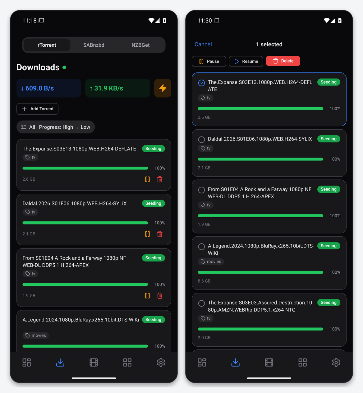 Connect rTorrent / ruTorrent to Dashboarr 3 Dashboarr Downloads tab listing seedbox torrents with labels, progress and speeds, and the multi-select bar with Pause, Resume and Delete
