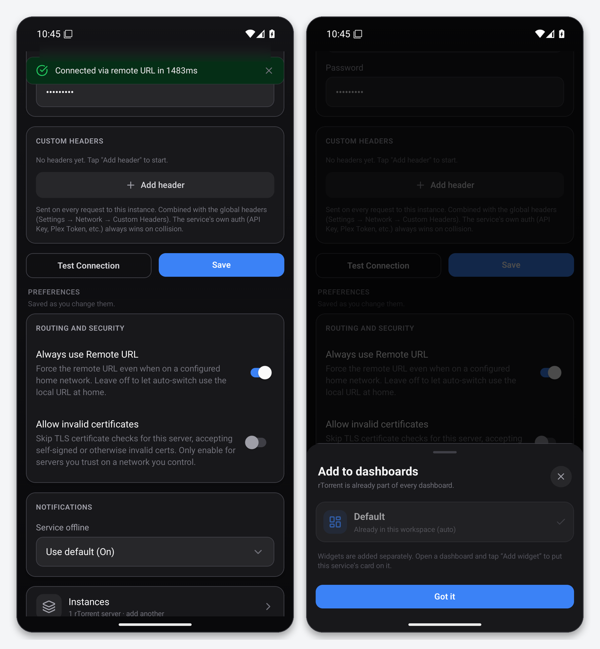Dashboarr on a seedbox: the complete setup guide (Android & iOS) 4 Dashboarr Test Connection result and the Add to dashboards sheet after saving