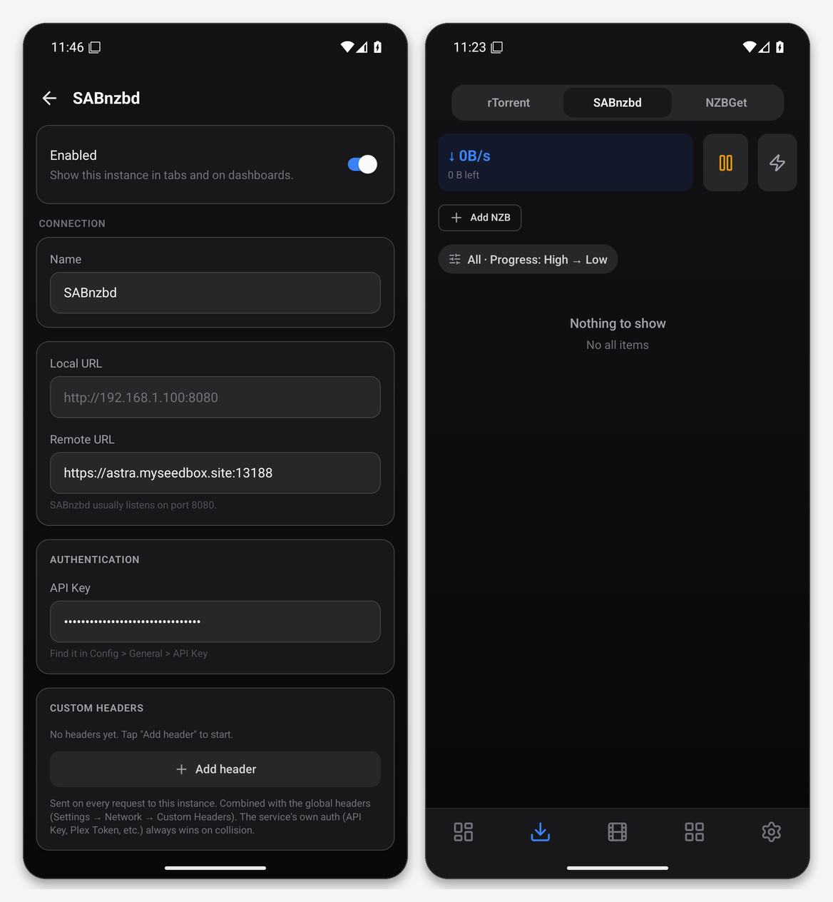 Connect SABnzbd to Dashboarr 1 Dashboarr SABnzbd editor with the seedbox URL and masked API key, and the Downloads tab SABnzbd segment with speed, Add NZB and an empty queue