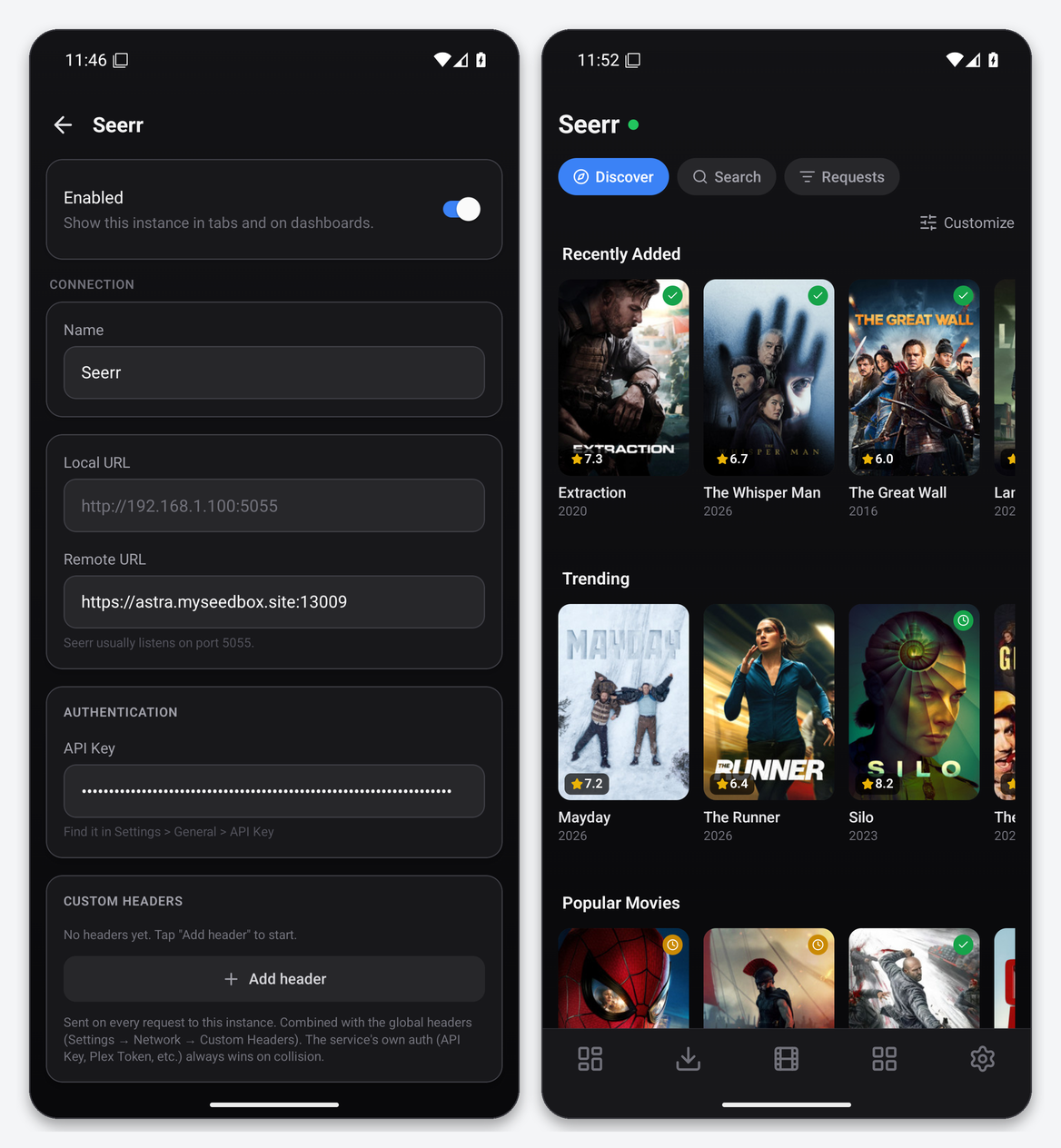 Connect Seerr / Overseerr to Dashboarr 1 Dashboarr Seerr editor with the seedbox URL and masked API key, and the Discover tab with Recently Added, Trending and Popular sliders