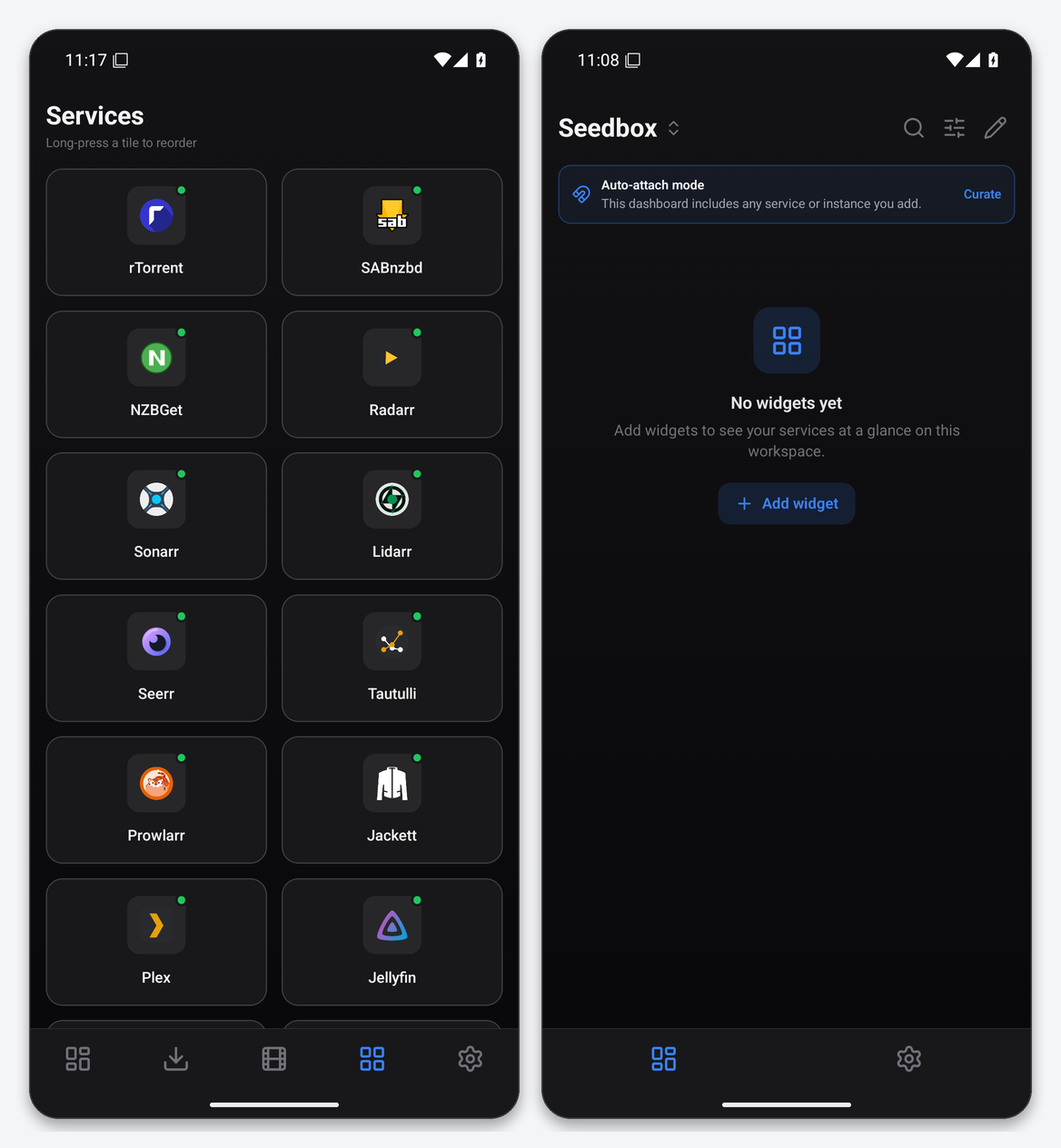 Dashboarr on a seedbox: the complete setup guide (Android & iOS) 8 Dashboarr Services grid with 17 seedbox apps and the empty dashboard before widgets