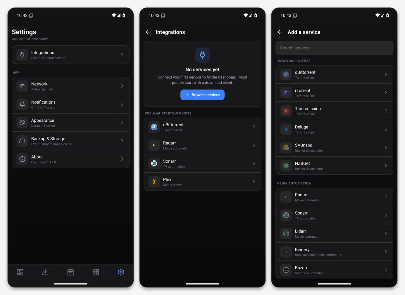 Dashboarr on a seedbox: the complete setup guide (Android & iOS) 2 Dashboarr Settings, the empty Integrations screen and the Add a service catalogue