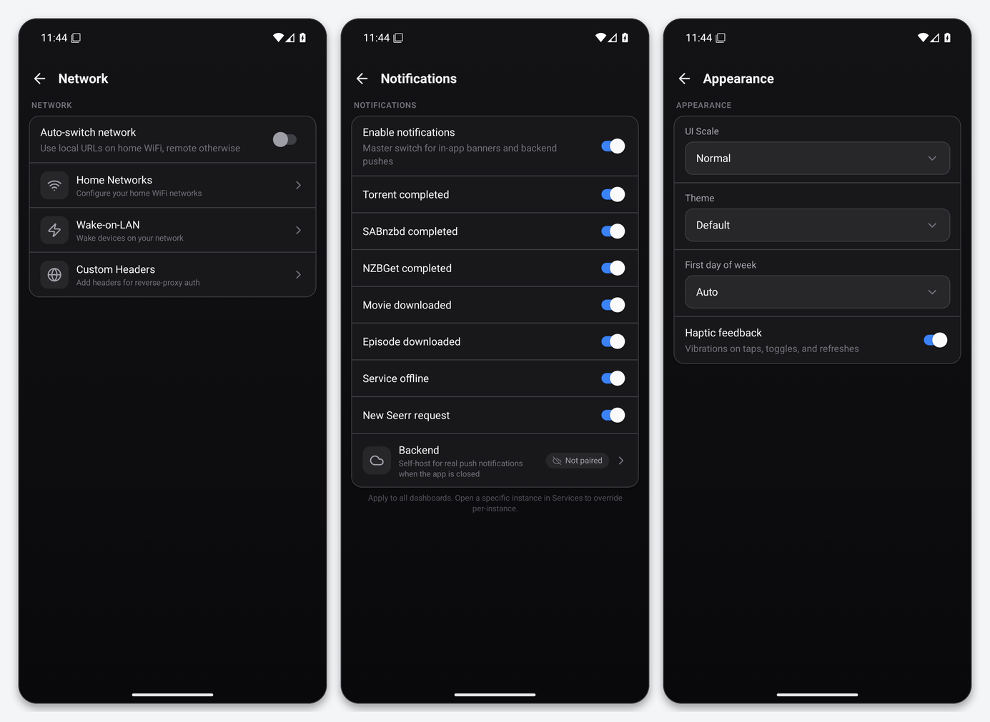 Dashboarr on a seedbox: the complete setup guide (Android & iOS) 11 Dashboarr Network, Notifications and Appearance settings screens