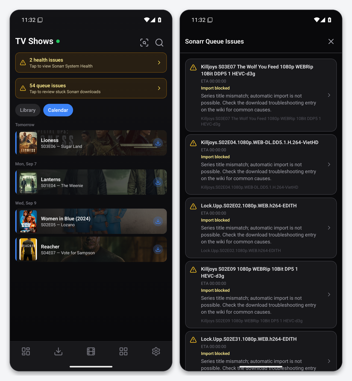 Connect Sonarr to Dashboarr 2 Dashboarr Sonarr Calendar with upcoming episodes, and the Sonarr Queue Issues sheet listing import-blocked downloads with reasons