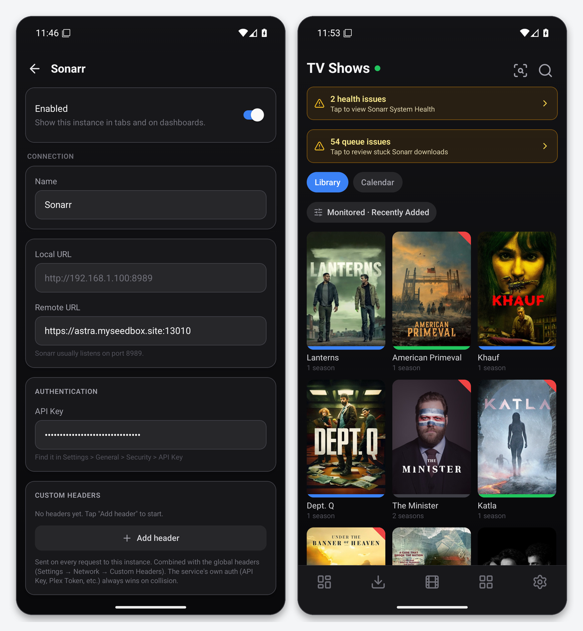 Connect Sonarr to Dashboarr 1 Dashboarr Sonarr editor with seedbox HTTPS URL and masked API key, and the TV Shows tab with health and queue banners
