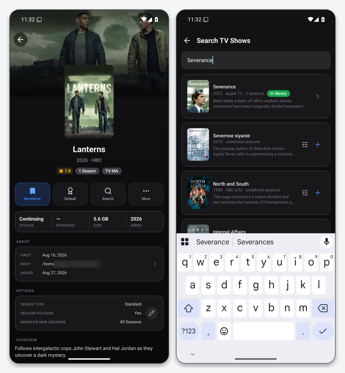 Connect Sonarr to Dashboarr 3 Dashboarr Sonarr series detail screen for Lanterns and the Add series search for Severance