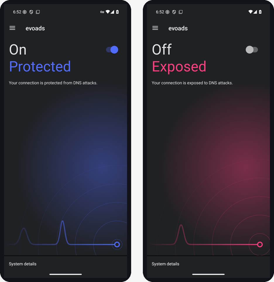 evoads for Android: Block Ads in Every App Without Root 3 evoads Android app main screen: On / Protected in blue and Off / Exposed in pink