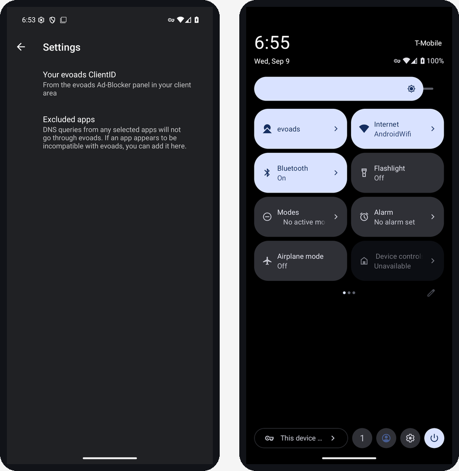 evoads for Android: Block Ads in Every App Without Root 4 evoads Android app Settings screen and the evoads quick-settings tile