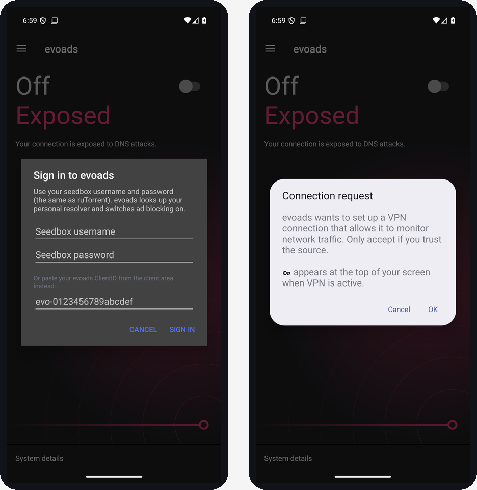 evoads for Android: Block Ads in Every App Without Root 2 evoads Android app: the Sign in to evoads dialog and Android's VPN connection request