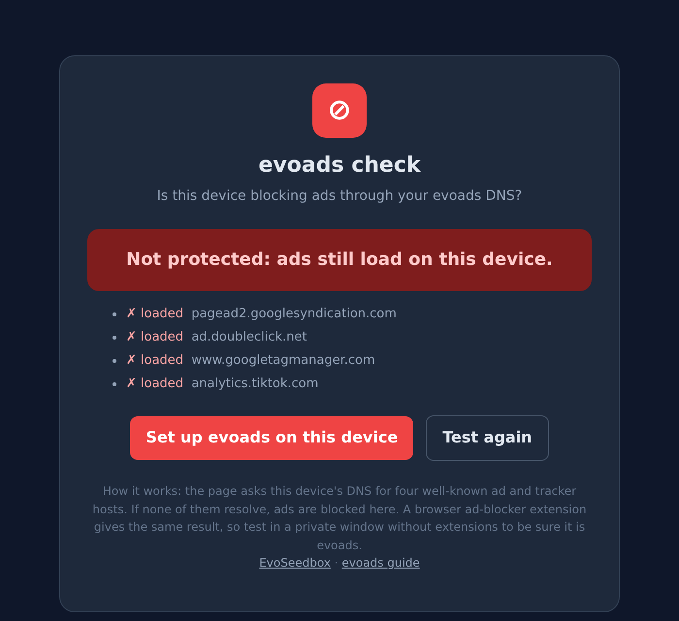 evoads: Ad-Blocking DNS for Every Device (Setup Guide) 10 The evoads check page reporting whether ads are blocked on this device