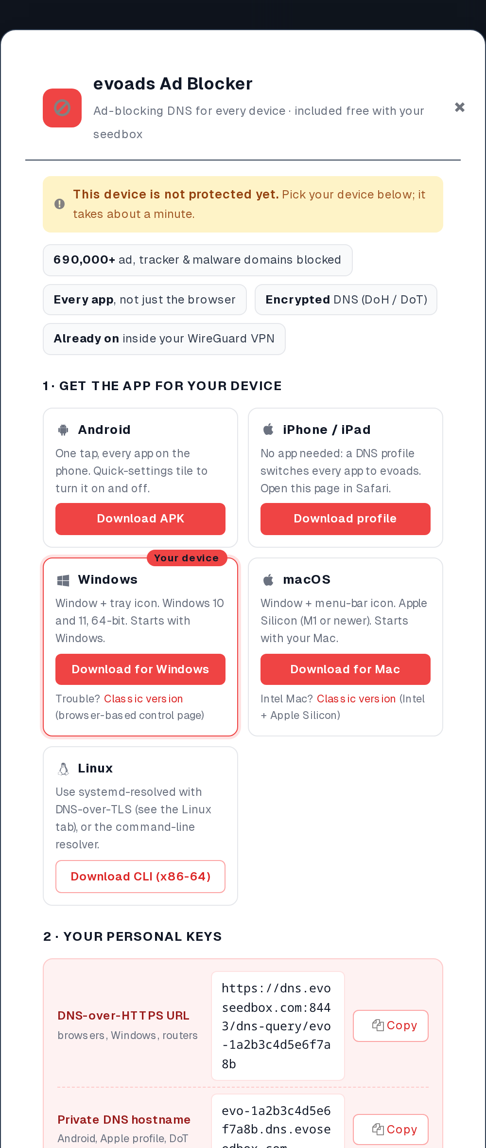 evoads: Ad-Blocking DNS for Every Device (Setup Guide) 1 evoads panel in the EvoSeedbox client area: browser status banner, download strip and setup tabs