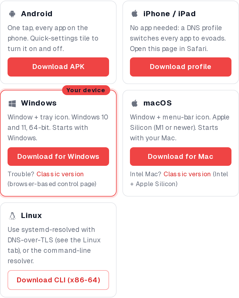 evoads: Ad-Blocking DNS for Every Device (Setup Guide) 3 evoads download strip: Android APK, iPhone profile, Windows, macOS and Linux