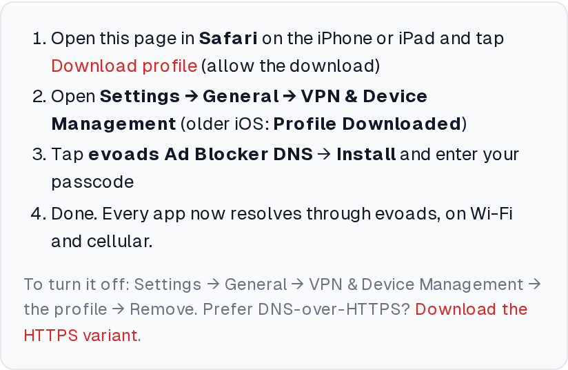 evoads: Ad-Blocking DNS for Every Device (Setup Guide) 5 evoads setup steps for iPhone and iPad using a DNS profile