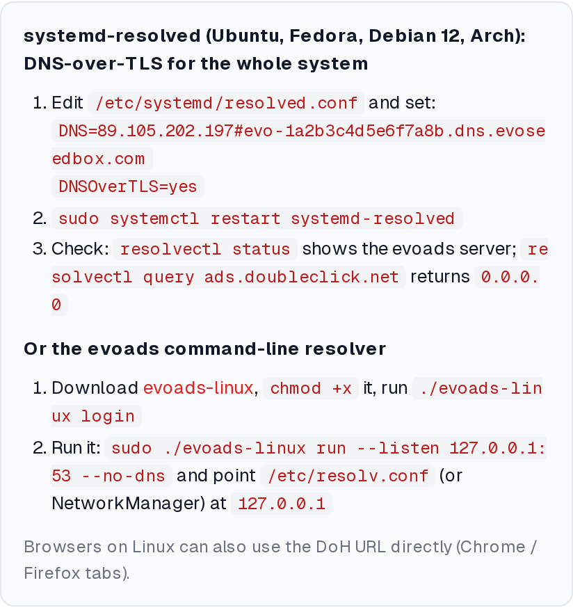 evoads: Ad-Blocking DNS for Every Device (Setup Guide) 8 evoads setup steps for Linux with systemd-resolved DNS-over-TLS