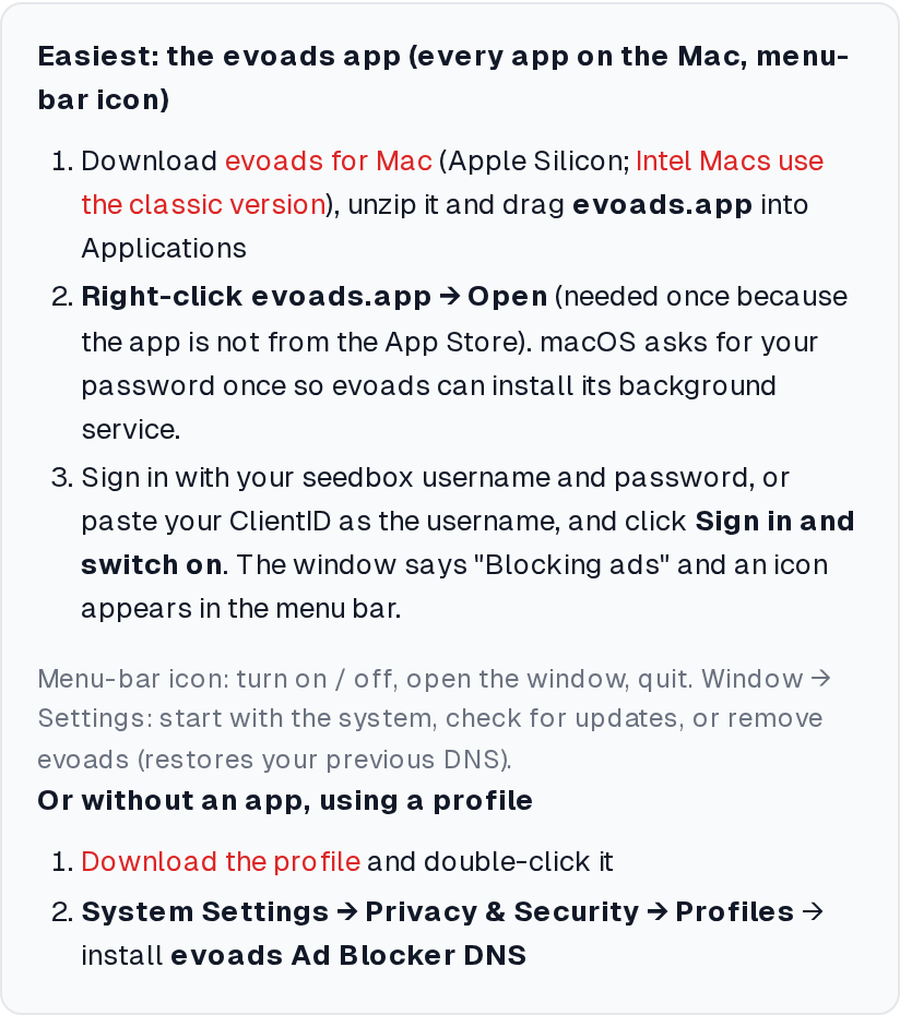 evoads for macOS: Ad-Blocking DNS with a Menu-Bar App 1 The macOS tab of the evoads panel