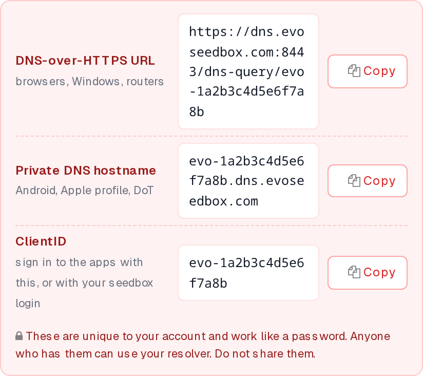 evoads: Ad-Blocking DNS for Every Device (Setup Guide) 2 Your personal evoads keys: DNS-over-HTTPS URL, Private DNS hostname and ClientID with copy buttons