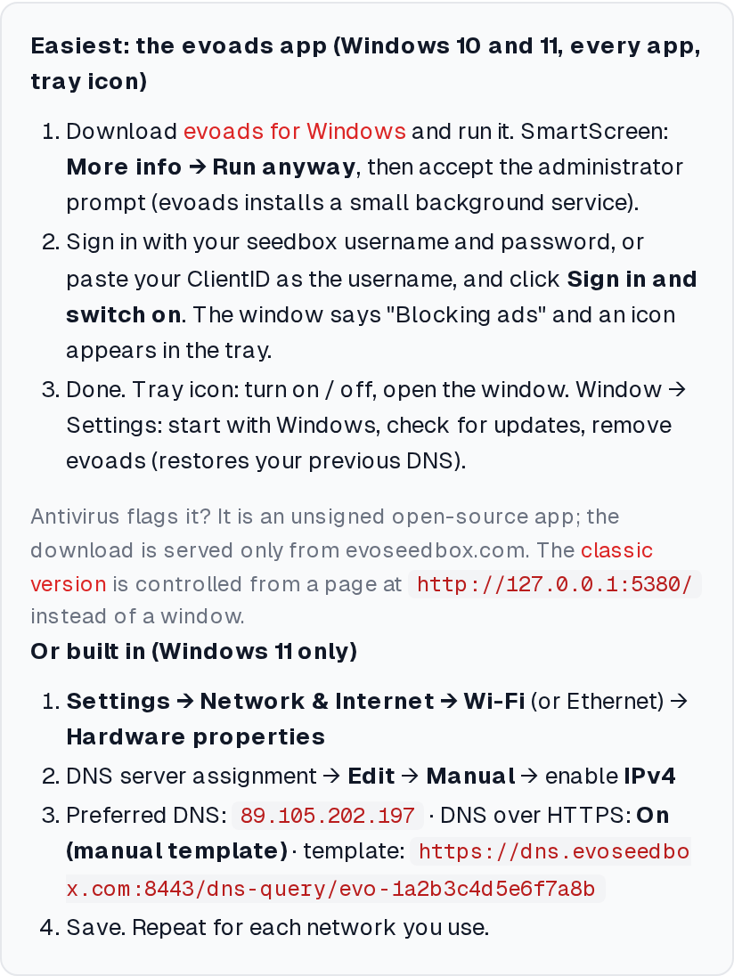 evoads for Windows: Ad-Blocking DNS with a Tray App 1 The Windows tab of the evoads panel