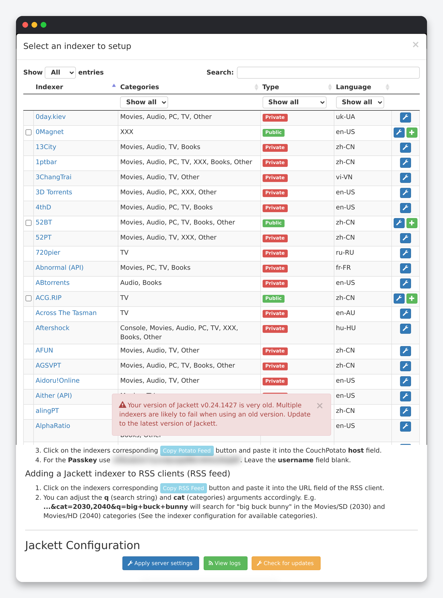 Jackett Settings Explained: Server Config, Indexers and Feeds 2 Jackett Select an indexer to setup dialog with search, category, type and language filters