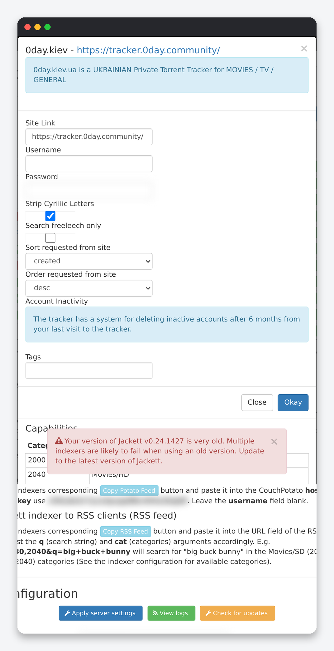 Jackett Settings Explained: Server Config, Indexers and Feeds 3 Jackett indexer configuration dialog with site link, credentials, tracker-specific options, tags and capabilities table