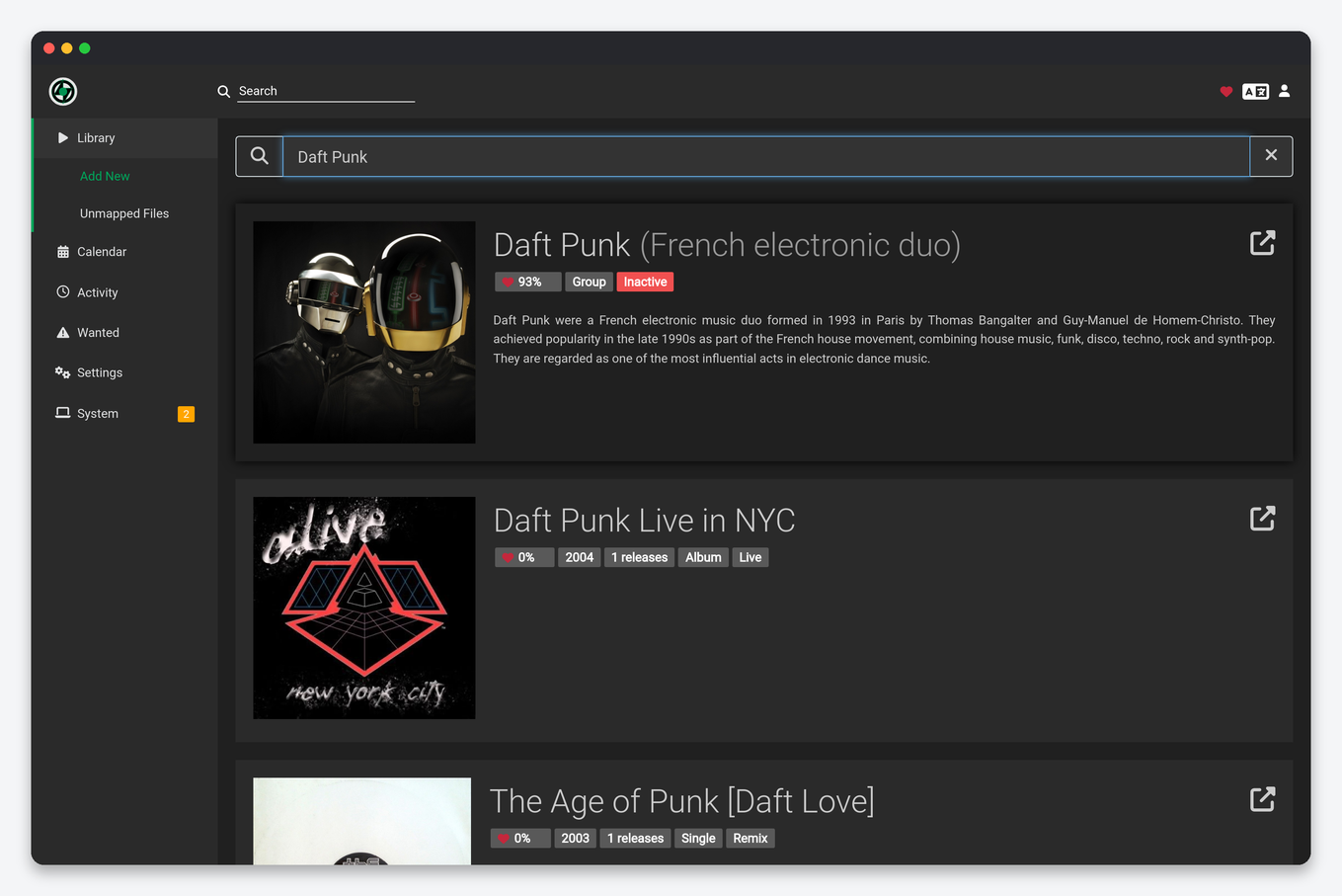 Lidarr Setup on a Seedbox 7 Lidarr Add New artist search on a seedbox showing MusicBrainz results with disambiguation