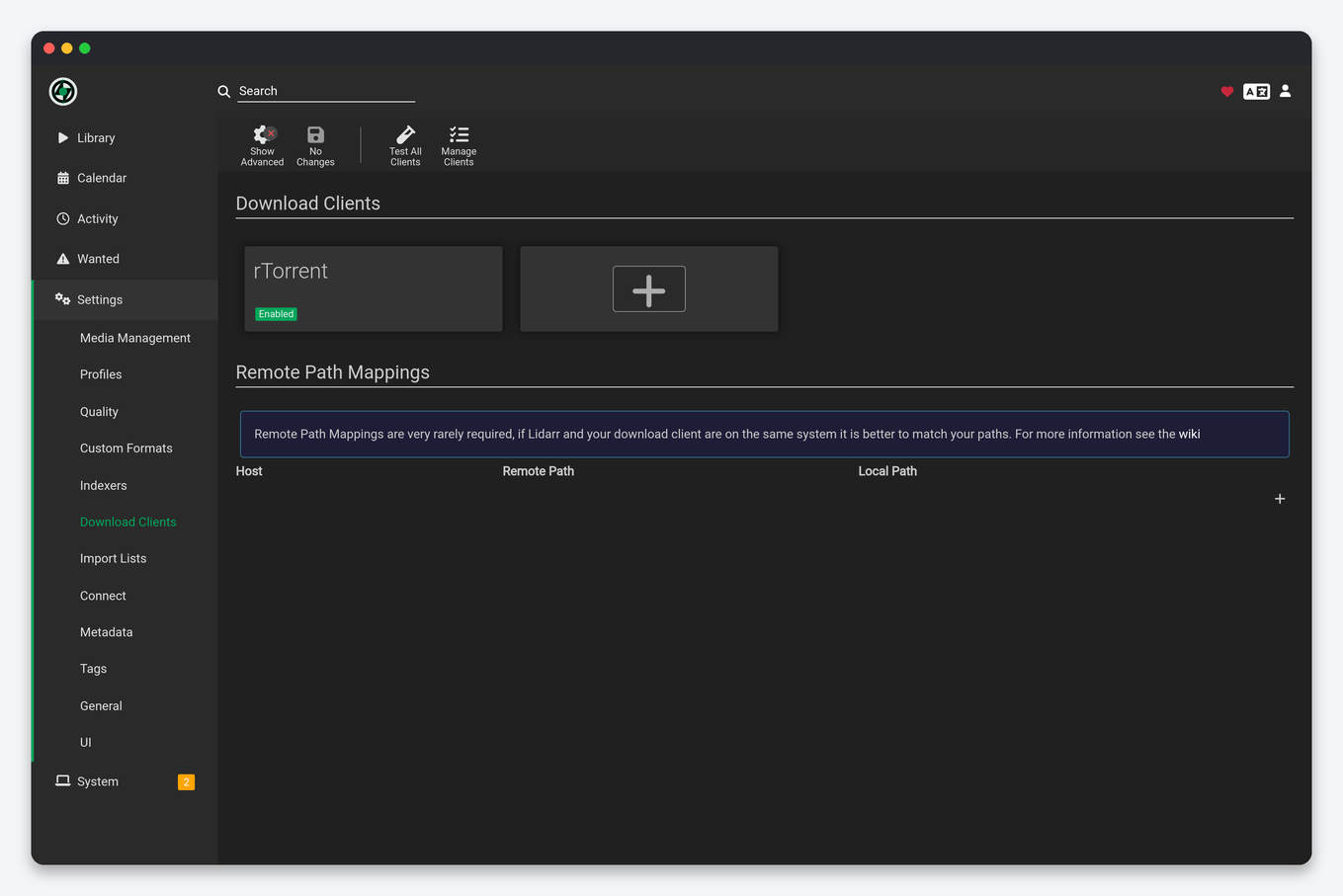 Lidarr Setup on a Seedbox 2 Lidarr Settings Download Clients page on a seedbox showing the pre-configured rTorrent client