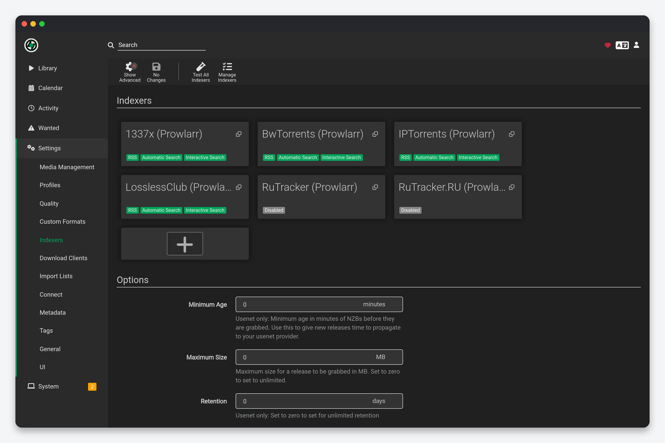 Lidarr Setup on a Seedbox 4 Lidarr Settings Indexers page listing indexers synced from Prowlarr, some disabled after failures