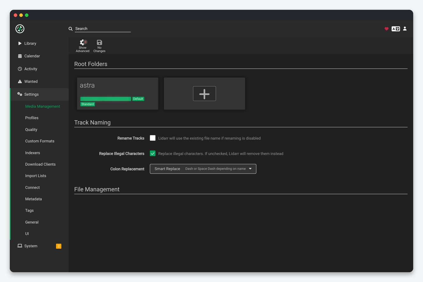 Lidarr Setup on a Seedbox 5 Lidarr Media Management settings on a seedbox showing the root folder and track naming options