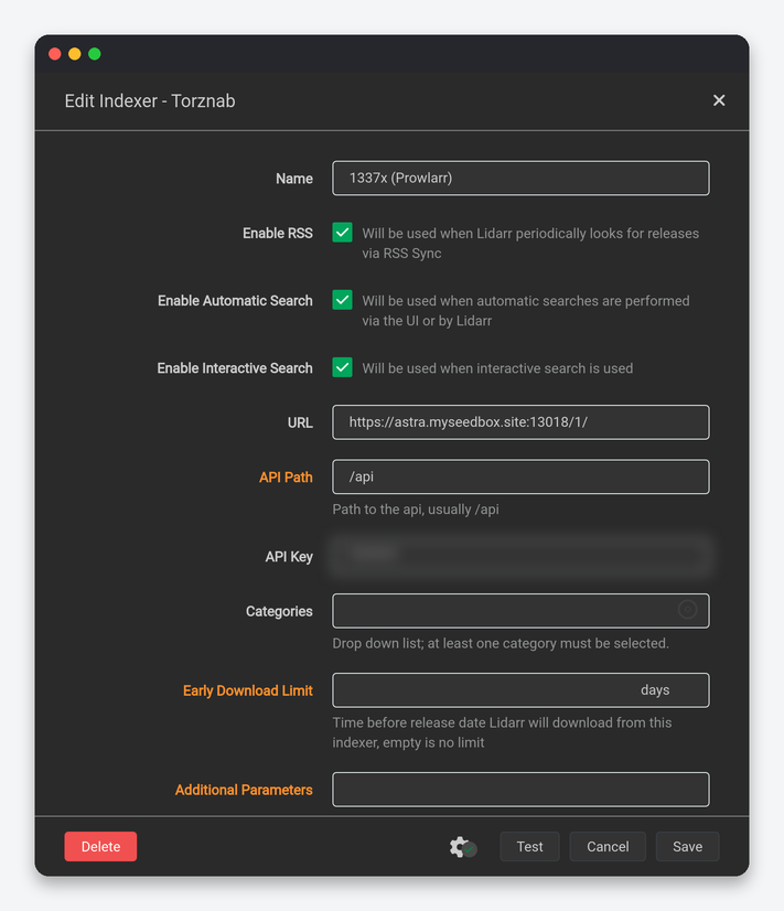Lidarr Settings Explained: Every Option, Tuned for a Seedbox 8 Lidarr indexer editor showing a Prowlarr-synced indexer