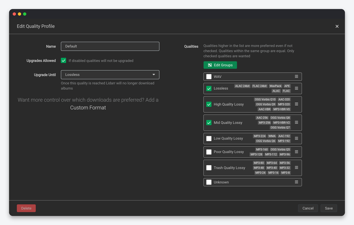 Lidarr Settings Explained: Every Option, Tuned for a Seedbox 5 Lidarr quality profile editor
