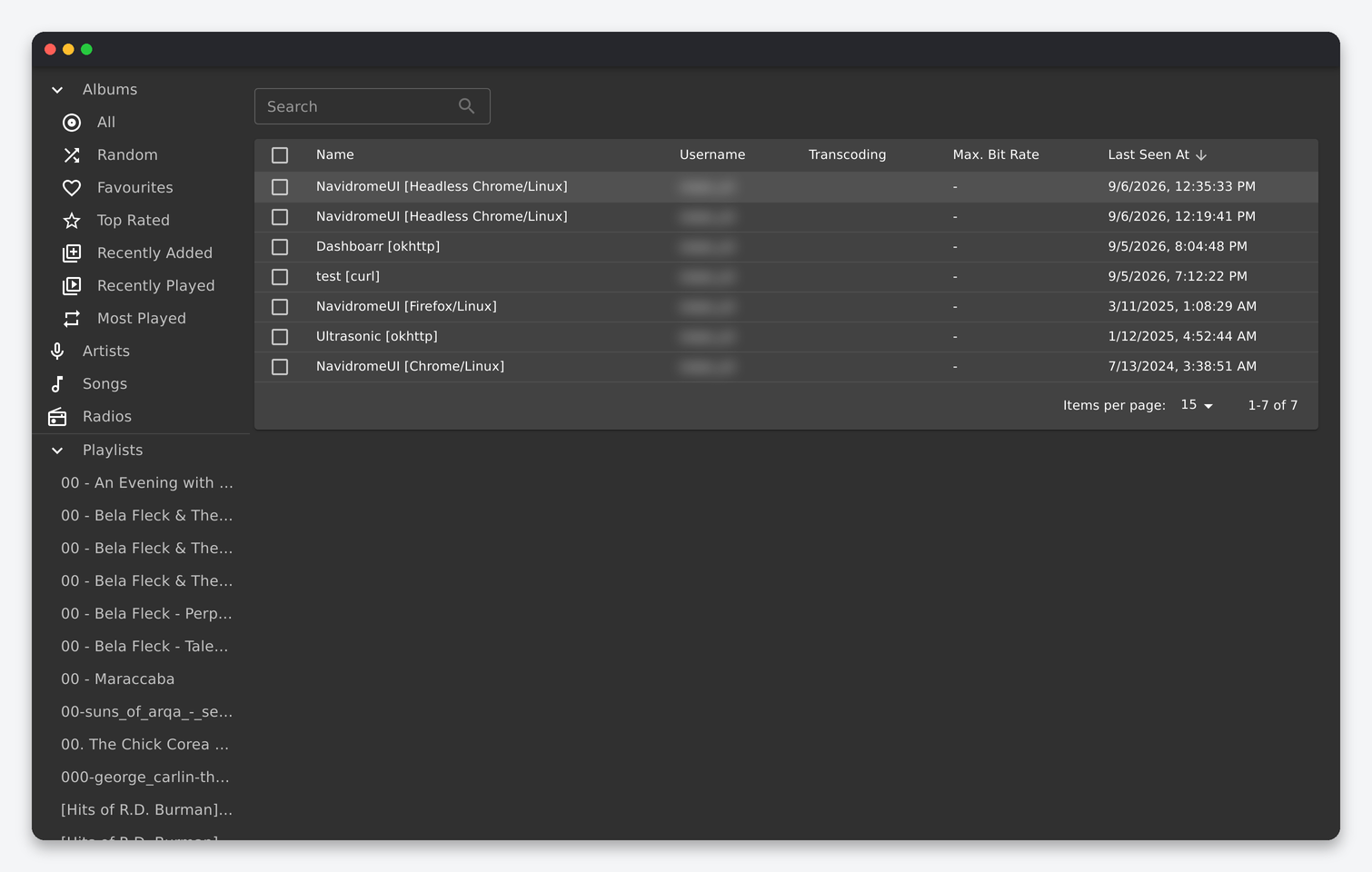 Navidrome Settings Explained: Personal, Users, Players and Transcoding 4 Navidrome Players list with name, username, transcoding, max bit rate and last seen