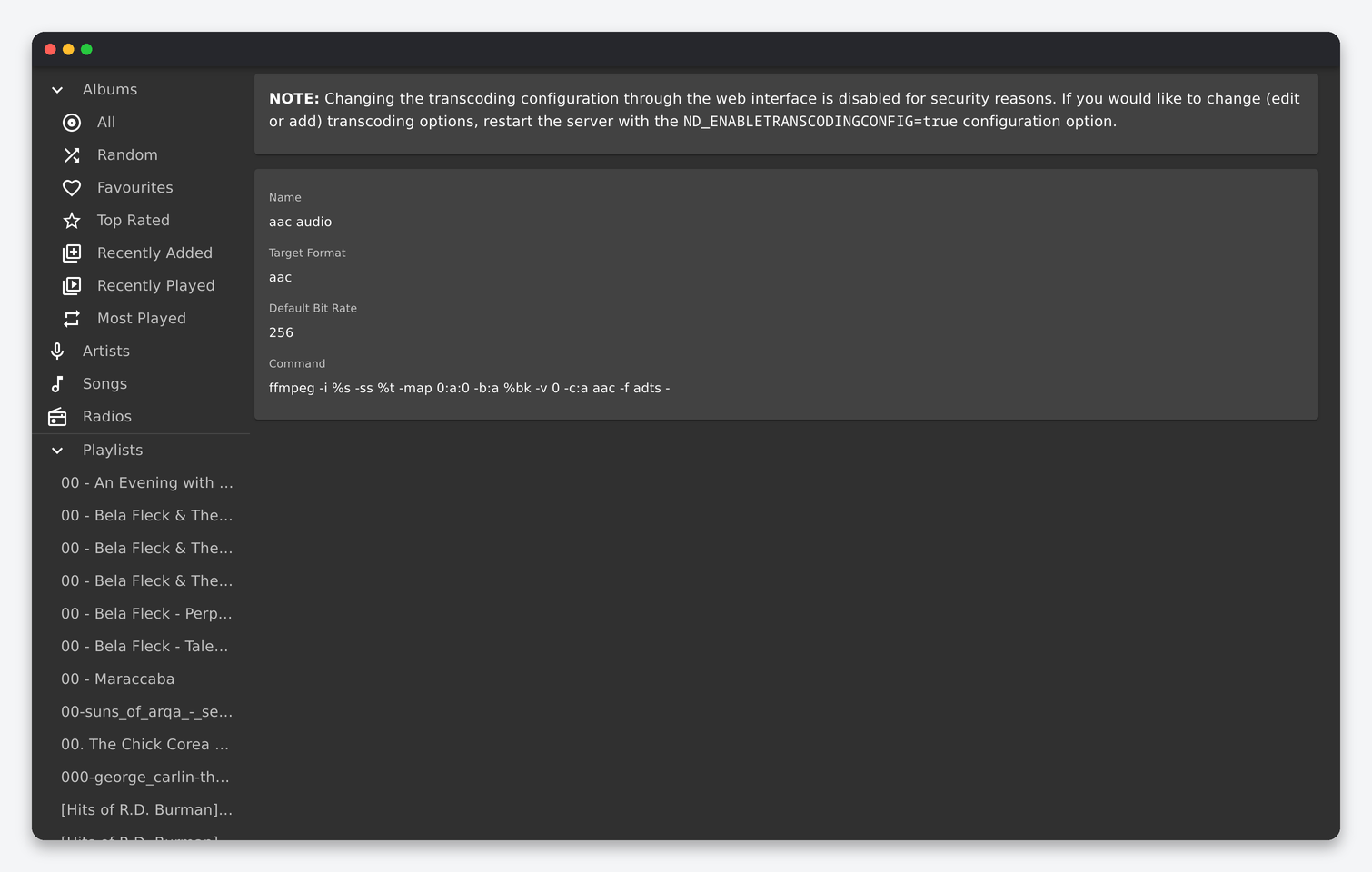 Navidrome Settings Explained: Personal, Users, Players and Transcoding 7 Navidrome transcoding detail page showing that editing is disabled unless ND_ENABLETRANSCODINGCONFIG is set