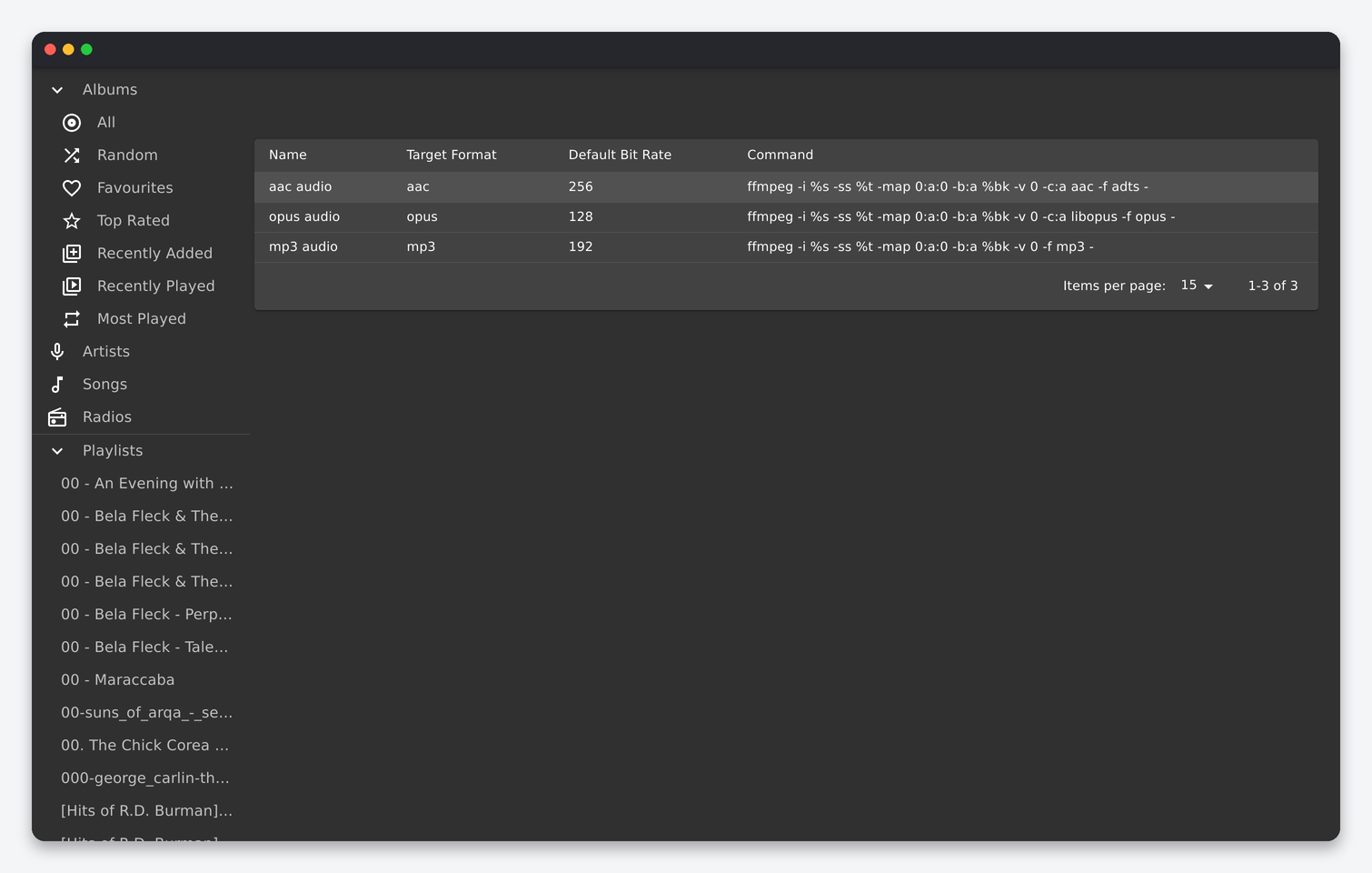 Navidrome Settings Explained: Personal, Users, Players and Transcoding 6 Navidrome Transcodings list with aac, opus and mp3 profiles, target format, default bit rate and ffmpeg command