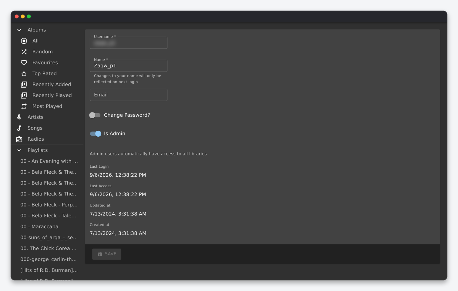Navidrome Settings Explained: Personal, Users, Players and Transcoding 3 Navidrome user edit form: username, name, email, change password, is admin