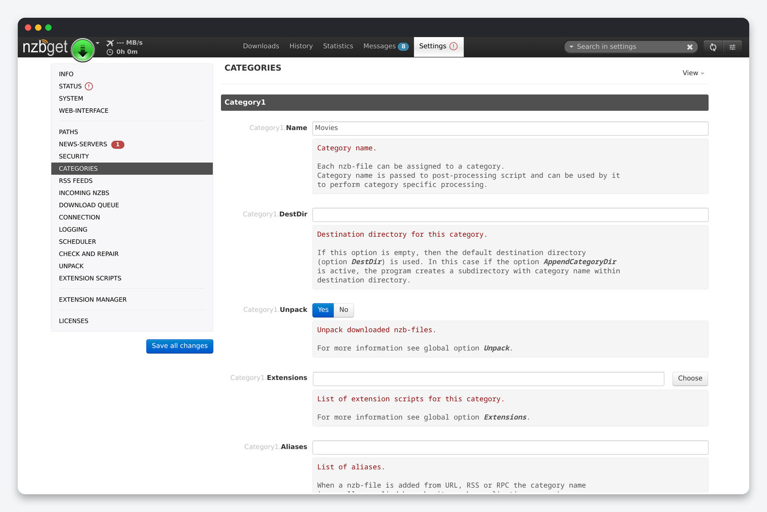 NZBGet Settings Explained: Paths, Servers, Queue, Repair and Unpack 4 NZBGet Categories settings: name, DestDir, Unpack, Extensions, Aliases per category