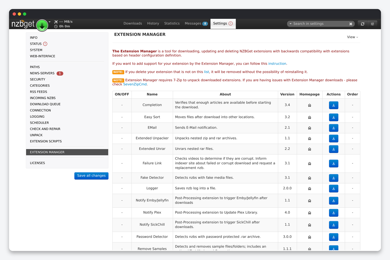 NZBGet Settings Explained: Paths, Servers, Queue, Repair and Unpack 12 NZBGet Extension Manager listing installable extensions such as Completion, Video Sort, Notify Plex, Fake Detector