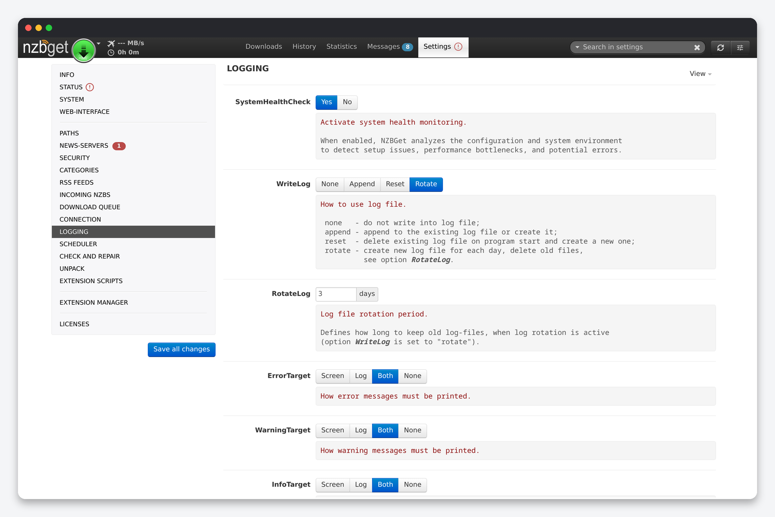 NZBGet Settings Explained: Paths, Servers, Queue, Repair and Unpack 8 NZBGet Logging settings: SystemHealthCheck, WriteLog, RotateLog, message targets, NzbLog