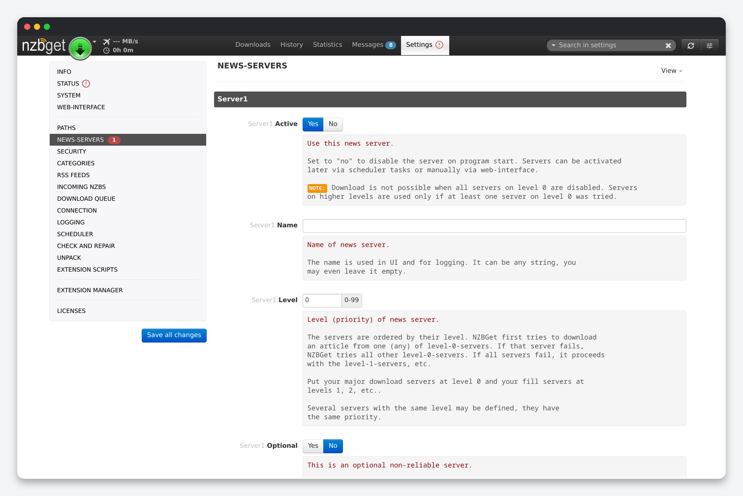 NZBGet Settings Explained: Paths, Servers, Queue, Repair and Unpack 2 NZBGet News-Servers settings for Server1: active, name, level, optional, group, host, encryption, port, username
