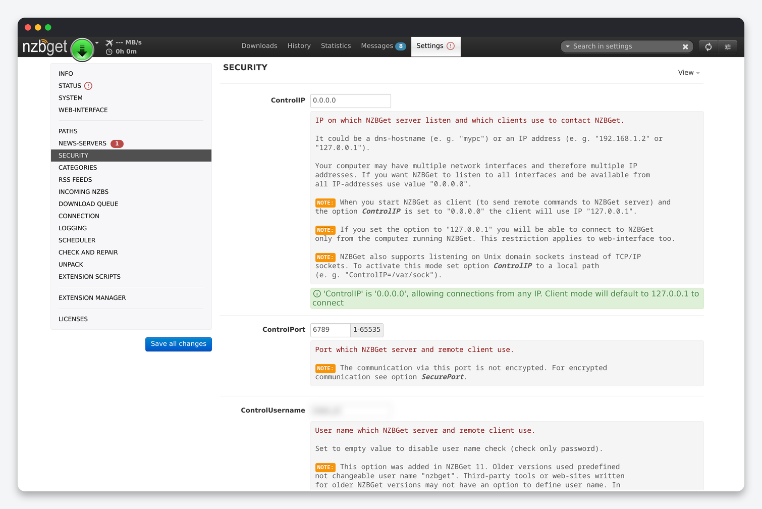 NZBGet Settings Explained: Paths, Servers, Queue, Repair and Unpack 3 NZBGet Security settings: ControlIP, ControlPort, ControlUsername, ControlPassword, restricted user