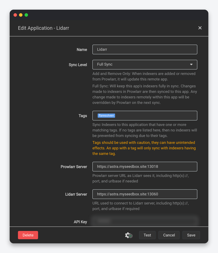 Prowlarr Settings Explained: Indexers, Apps, Sync Profiles and Limits 3 Prowlarr application editor for Lidarr with sync level and server URLs