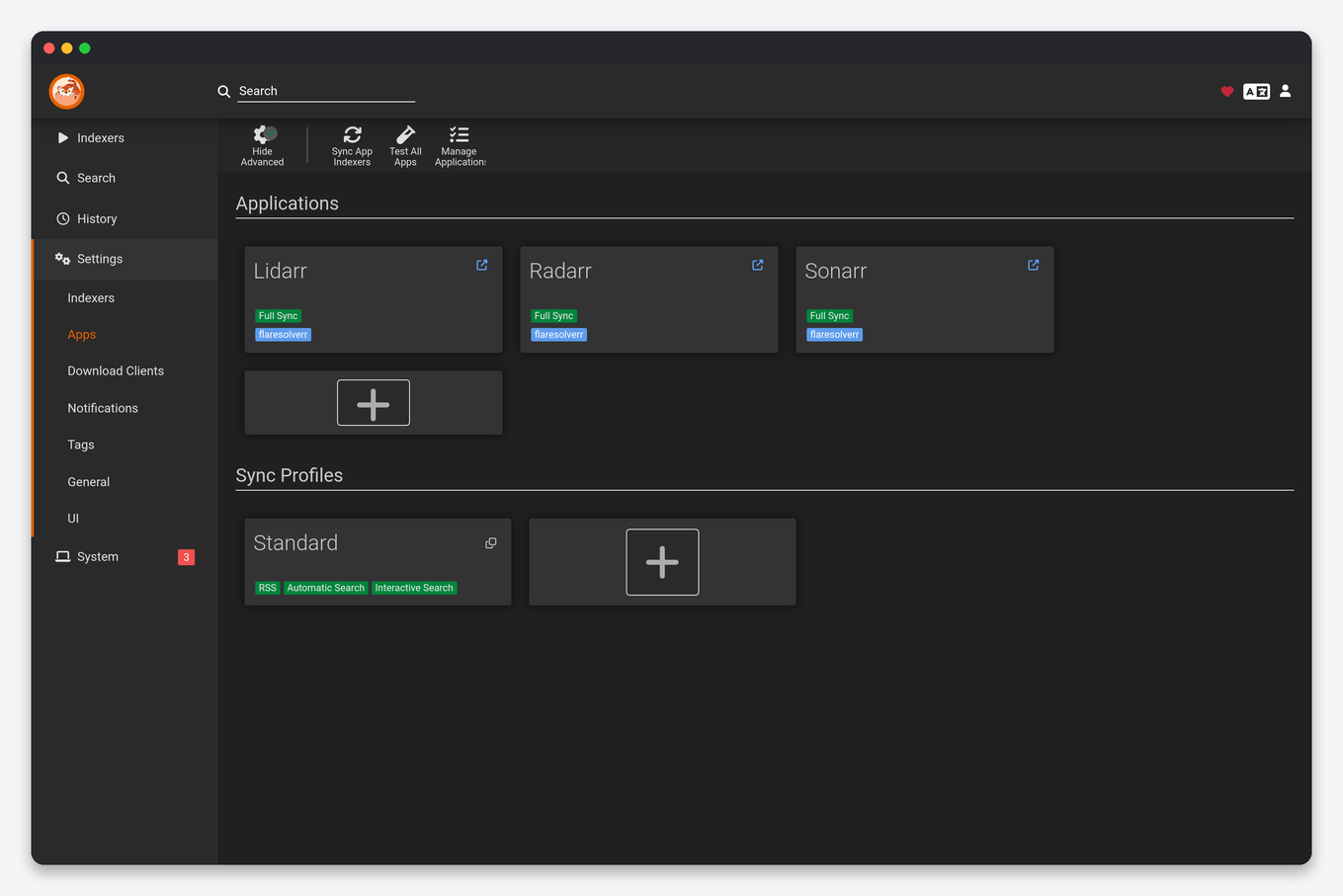 Prowlarr Settings Explained: Indexers, Apps, Sync Profiles and Limits 2 Prowlarr Apps tab listing Sonarr, Radarr and Lidarr with sync state