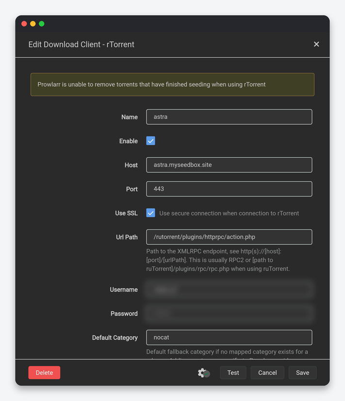 Prowlarr Settings Explained: Indexers, Apps, Sync Profiles and Limits 4 Prowlarr rTorrent download client editor with mapped categories