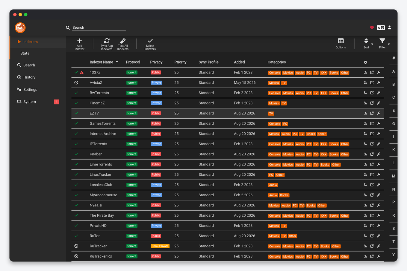 Prowlarr Settings Explained: Indexers, Apps, Sync Profiles and Limits 1 Prowlarr indexers list with protocol, privacy, priority and status